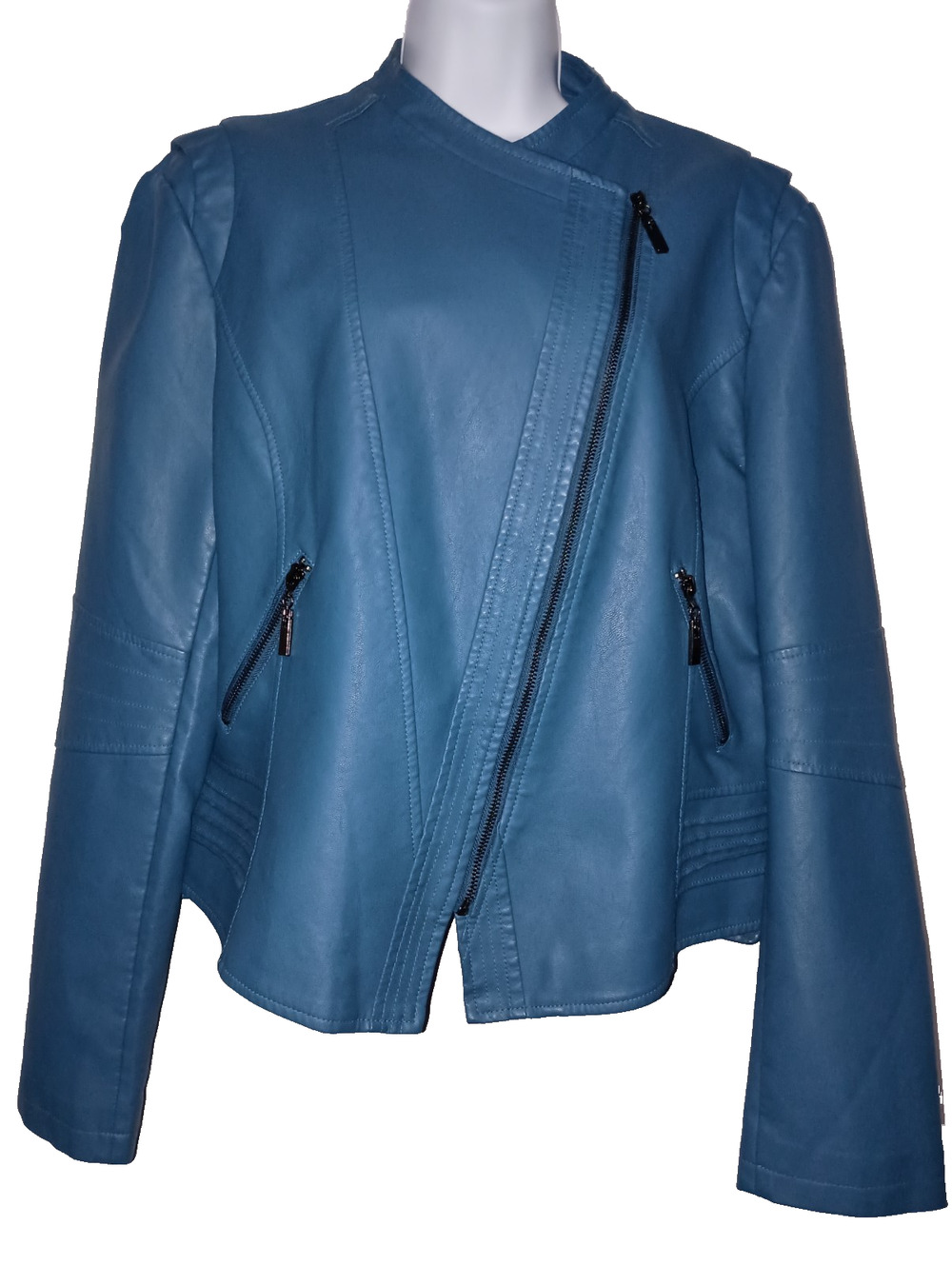 LINGLUOFANG Faux Leather Lined Moto Jacket Coat Blue Womens Large US 12 3-Ways